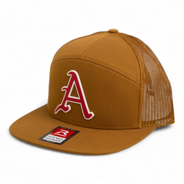 Arkansas Razorbacks Baseball Script A 3D Snapback Seven-Panel Flat Bill Trucker Hat- Caramel