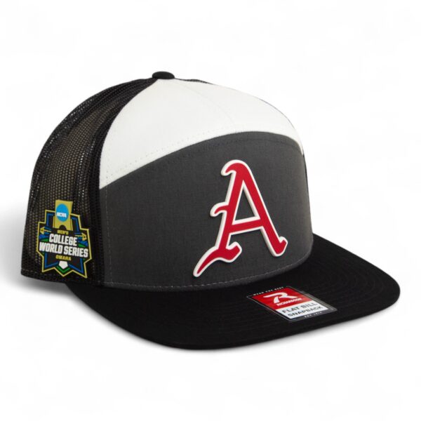 Arkansas Razorbacks Baseball Script A 2025 College World Series 3D Snapback Seven-Panel Flat Bill Trucker Hat- Charcoal/ White/ Black