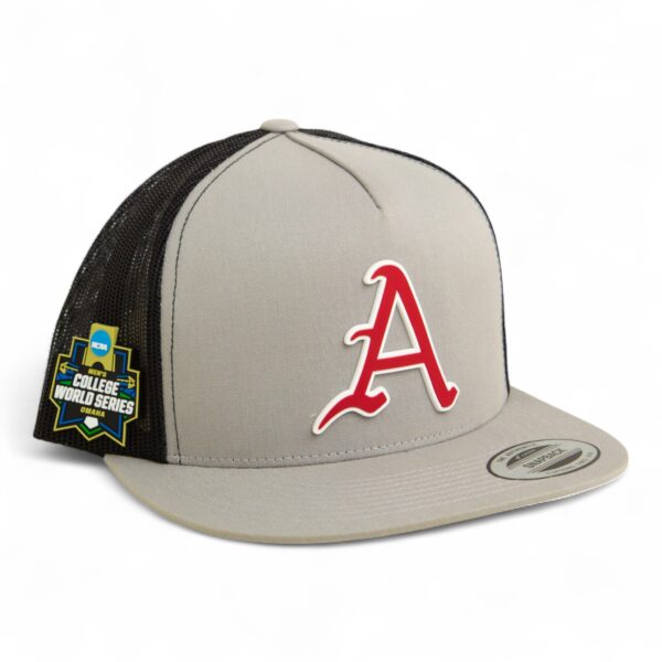 Arkansas Razorbacks Baseball Script A 2025 College World Series 3D YP Snapback Flat Bill Trucker Hat- Silver/ Black
