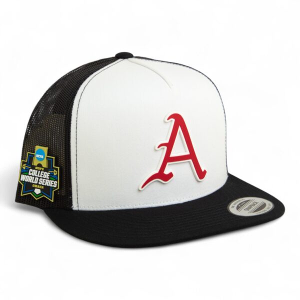 Arkansas Razorbacks Baseball Script A 2025 College World Series 3D YP Snapback Flat Bill Trucker Hat- White/ Black