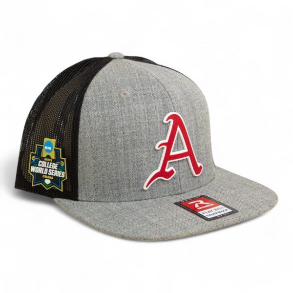 Arkansas Razorbacks Baseball Script A 2025 College World Series 3D Wool Blend Flat Bill Hat- Heather Grey/ Black