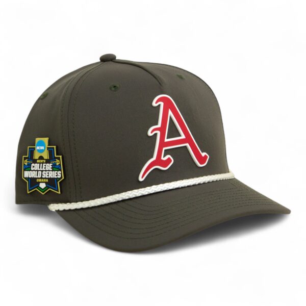 Arkansas Razorbacks Baseball Script A 2025 College World Series 3D Five Panel Classic Rope Hat- Dark Olive Green/ White