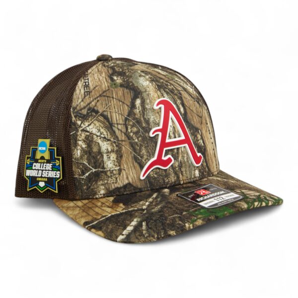 Arkansas Razorbacks Baseball Script A 2025 College World Series 3D Snapback Trucker Hat- Realtree Edge/ Brown