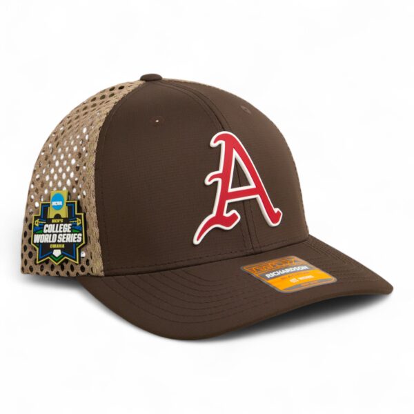 Arkansas Razorbacks Baseball Script A 2025 College World Series 3D Snapback Tilikum Trucker Hat- Brown/ Tan