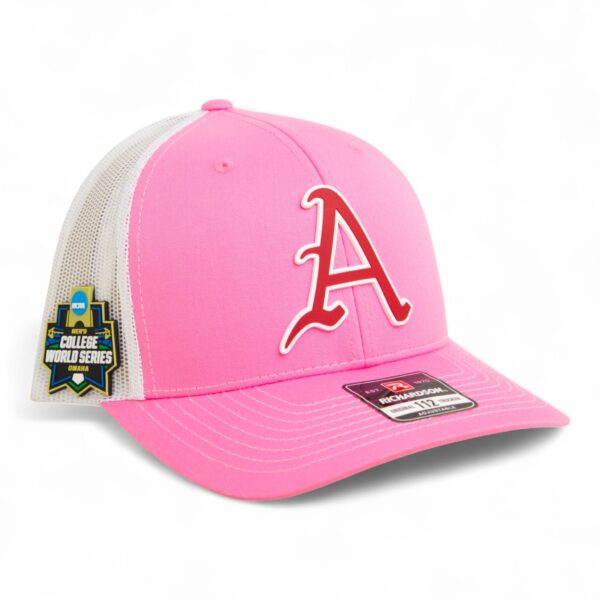 Arkansas Razorbacks Baseball Script A 2025 College World Series 3D Snapback Trucker Hat- Pink/ White