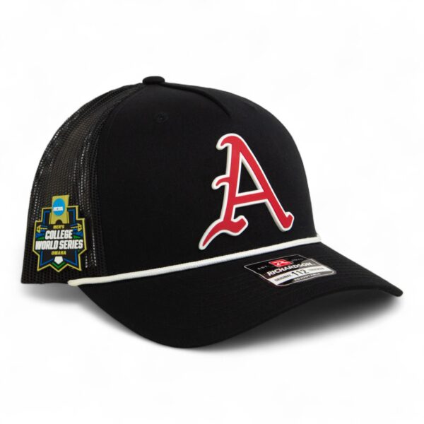 Arkansas Razorbacks Baseball Script A 2025 College World Series 3D Snapback Trucker Rope Hat- Black/ White