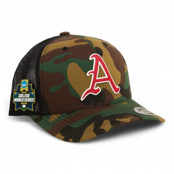 Arkansas Razorbacks Baseball Script A 2025 College World Series 3D YP Snapback Trucker Hat- Army Camo/ Black