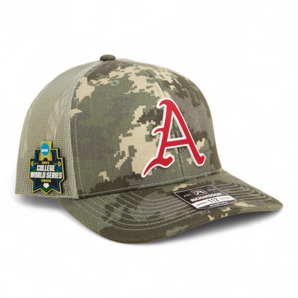 Arkansas Razorbacks Baseball Script A 2025 College World Series 3D Snapback Trucker Hat- Military Digital Camo