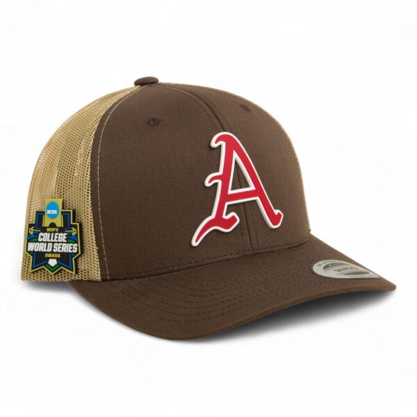 Arkansas Razorbacks Baseball Script A 2025 College World Series 3D YP Snapback Trucker Hat- Brown/ Tan