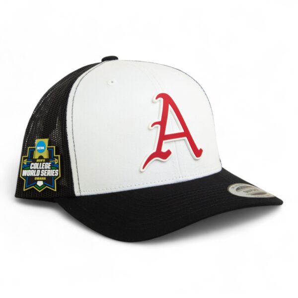 Arkansas Razorbacks Baseball Script A 2025 College World Series 3D YP Snapback Trucker Hat- White/ Black