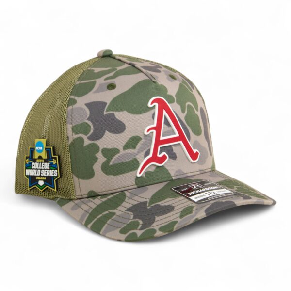 Arkansas Razorbacks Baseball Script A 2025 College World Series 3D Snapback Trucker Hat- Marsh Duck Camo/ Loden