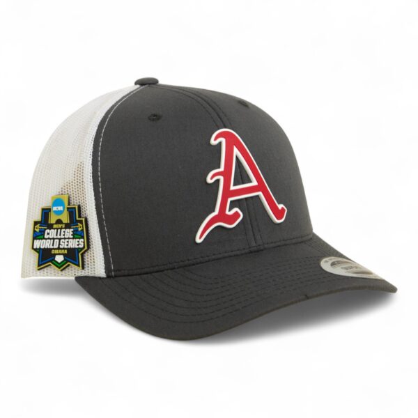Arkansas Razorbacks Baseball Script A 2025 College World Series 3D YP Snapback Trucker Hat- Charcoal/ White