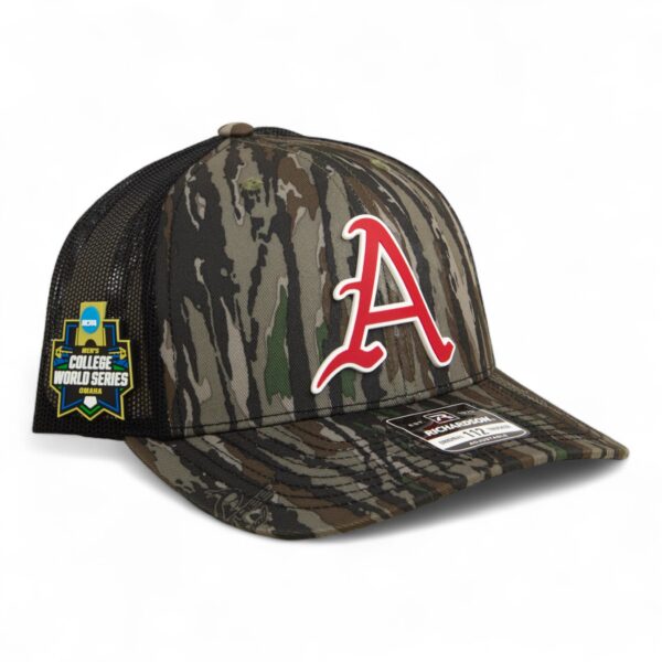 Arkansas Razorbacks Baseball Script A 2025 College World Series 3D Snapback Trucker Hat- Realtree Original/ Black