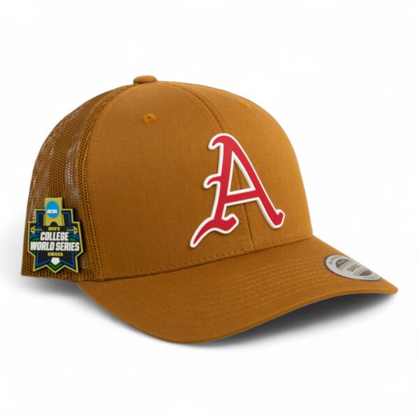 Arkansas Razorbacks Baseball Script A 2025 College World Series 3D YP Snapback Trucker Hat- Caramel
