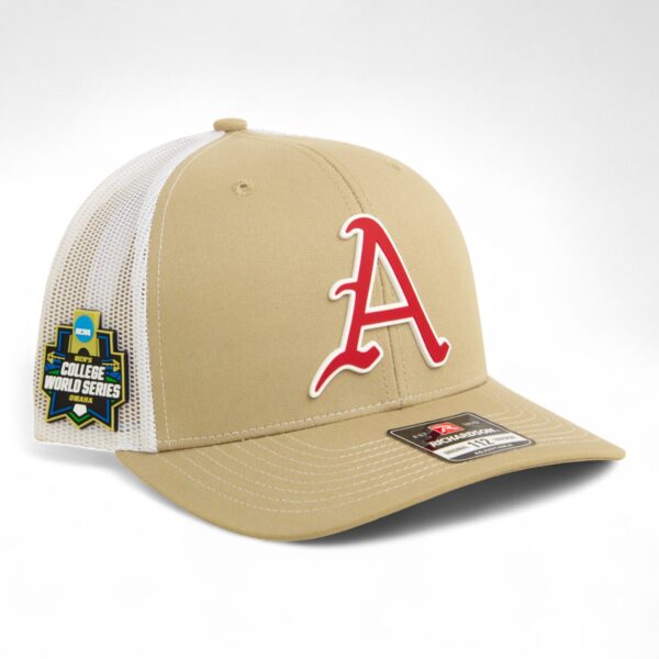 Arkansas Razorbacks Baseball Script A 2025 College World Series 3D Snapback Trucker Hat- Tan/ White