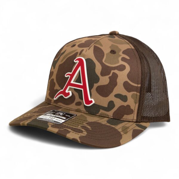 Arkansas Razorbacks Baseball Script A 3D Snapback Trucker Hat- Bark Duck Camo/ Brown