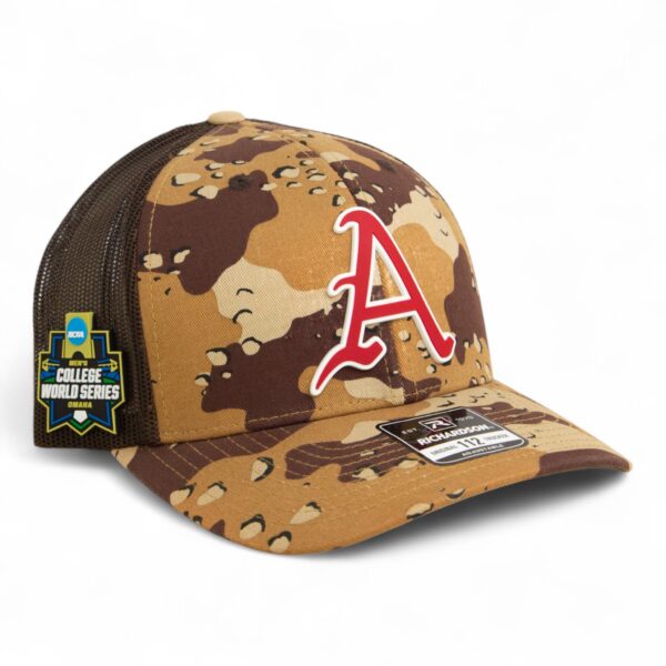Arkansas Razorbacks Baseball Script A 2025 College World Series 3D Snapback Trucker Hat- Desert Camo/ Brown