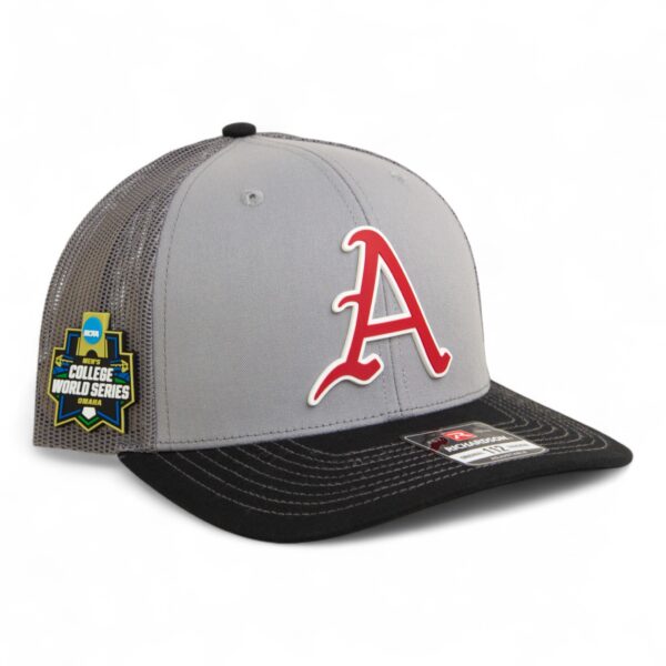 Arkansas Razorbacks Baseball Script A 2025 College World Series 3D Snapback Trucker Hat- Grey/ Charcoal/ Black