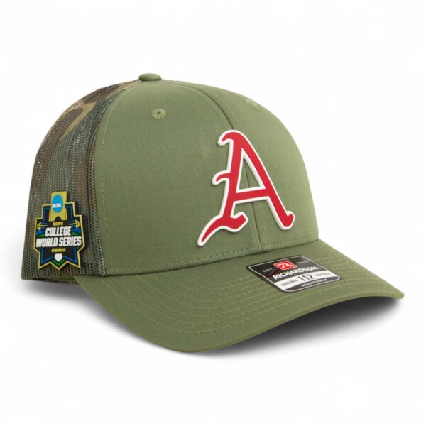 Arkansas Razorbacks Baseball Script A 2025 College World Series 3D Snapback Trucker Hat- Loden/ Green Camo