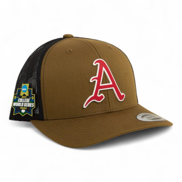Arkansas Razorbacks Baseball Script A 2025 College World Series 3D YP Snapback Trucker Hat- Coyote/ Black
