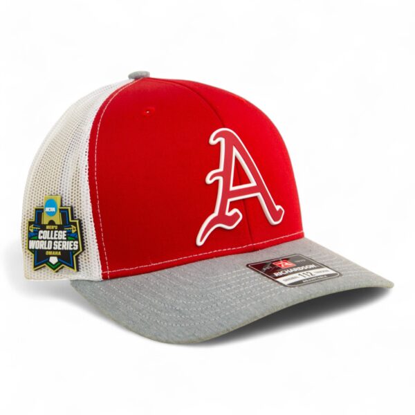 Arkansas Razorbacks Baseball Script A 2025 College World Series 3D Snapback Trucker Hat- Red/ White/ Heather Grey
