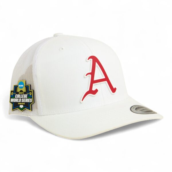 Arkansas Razorbacks Baseball Script A 2025 College World Series 3D YP Snapback Trucker Hat- White